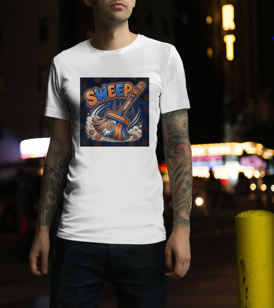 New York Knicks Sweep East Champs Basketball Skyline Broom T-Shirt