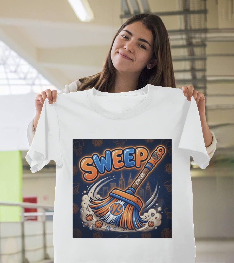 New York Knicks Sweep East Champs Basketball Skyline Broom T-Shirt
