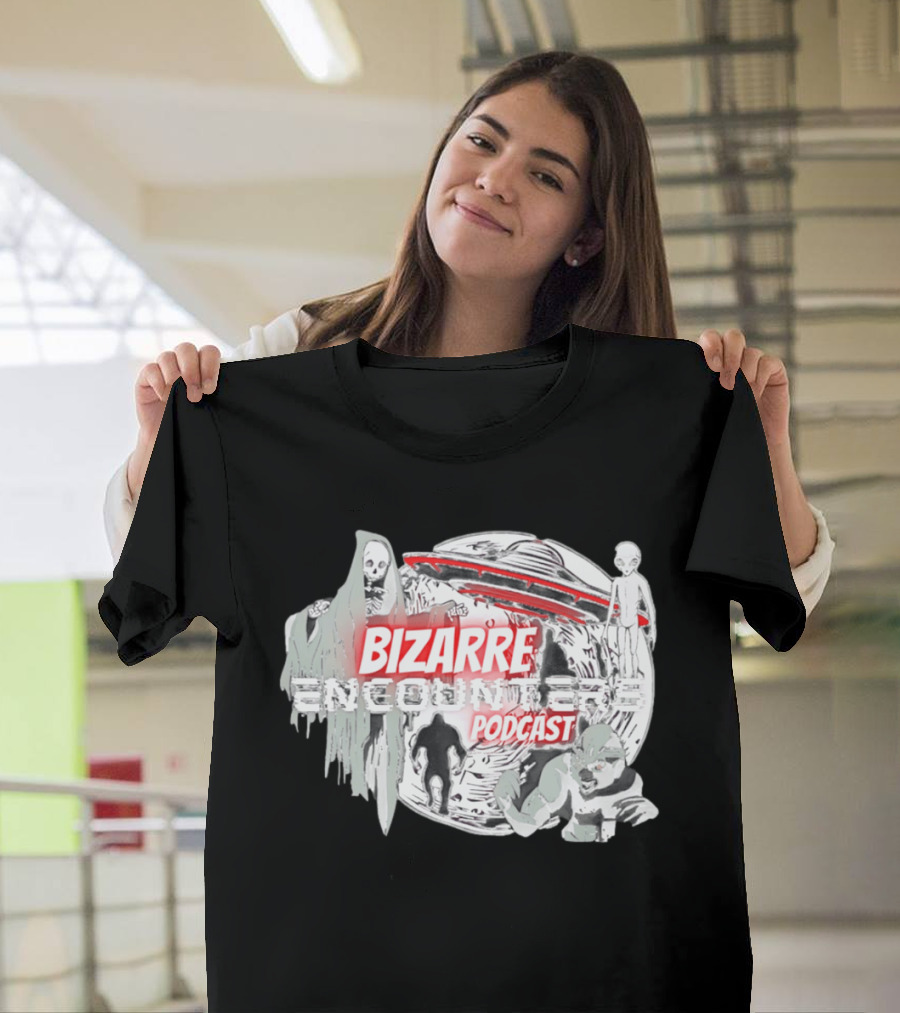 Bizarre Encounters Podcast UFO Aliens Skeletons Paranormal Illustrations T-Shirt