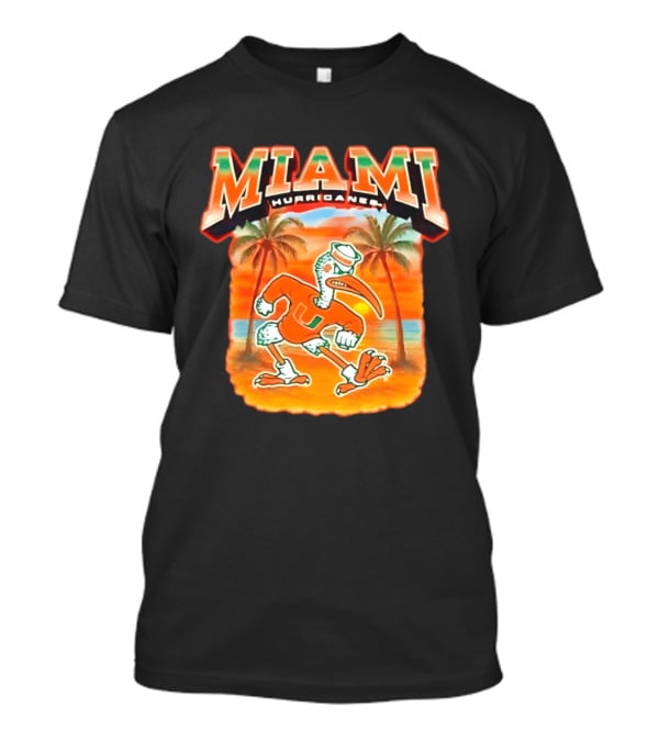 Miami Hurricanes Sebastian With Palm Trees And Sunset Beach Scene T-Shirt