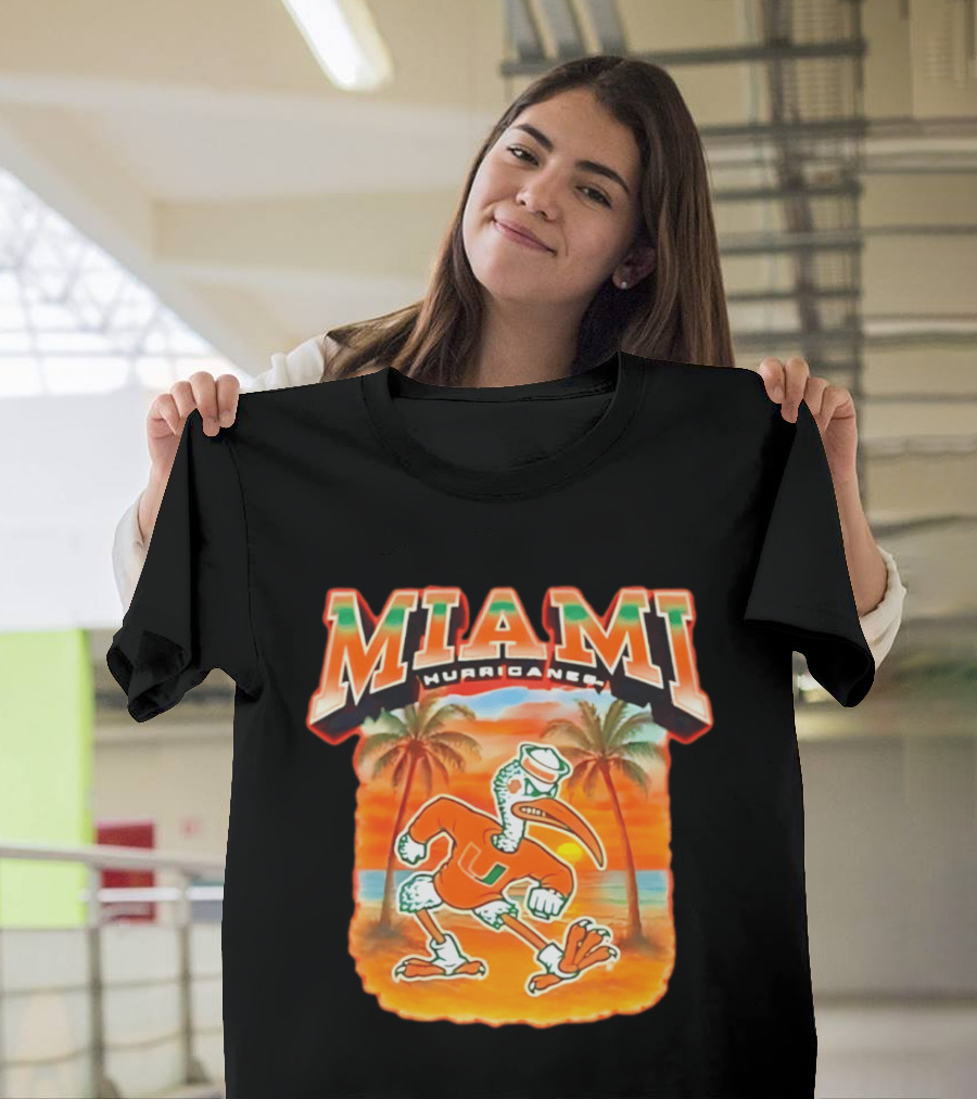 Miami Hurricanes Sebastian With Palm Trees And Sunset Beach Scene T-Shirt