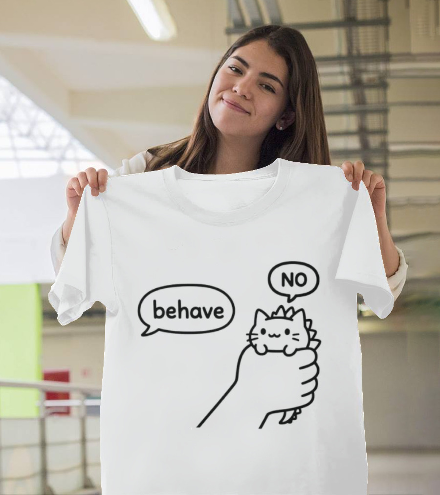 Behave No Hand Holding Cat Dinosaur Tail Cartoon T-Shirt