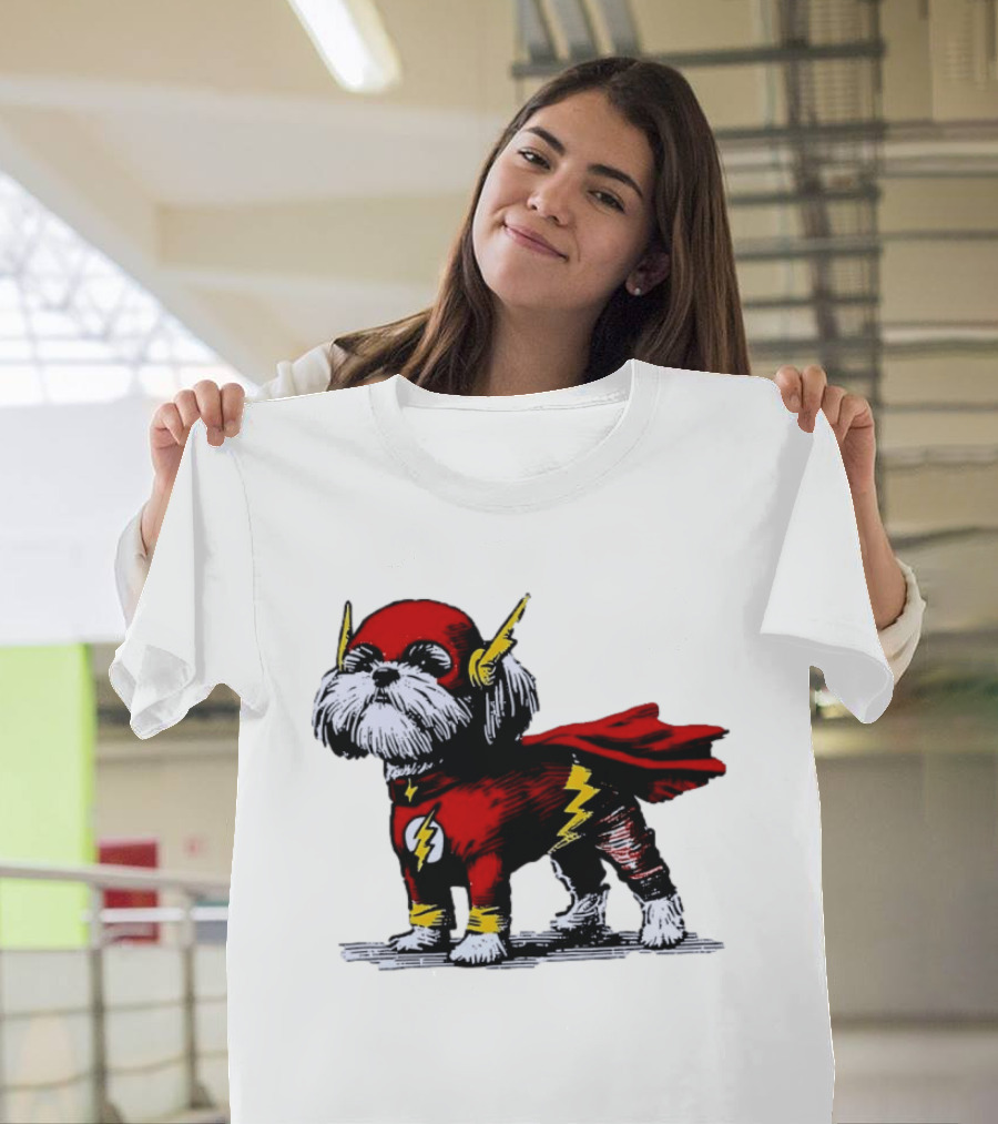 Shih Tzu Dog In The Flash Superhero Costume With Lightning Bolt T-Shirt