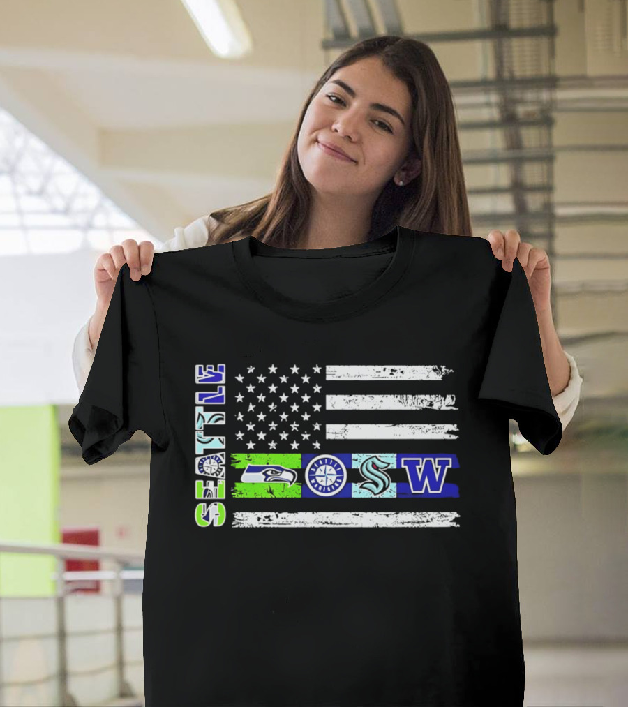 Seattle Seahawks Mariners Kraken Washington Flag T-Shirt