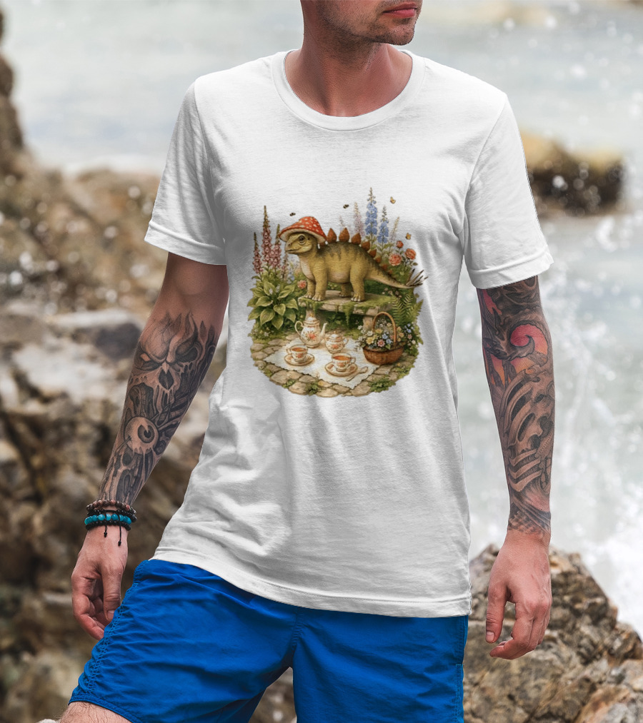 Baby Stegosaurus Wearing Red Mushroom Hat With Vintage Tea Party Garden Scene T-Shirt