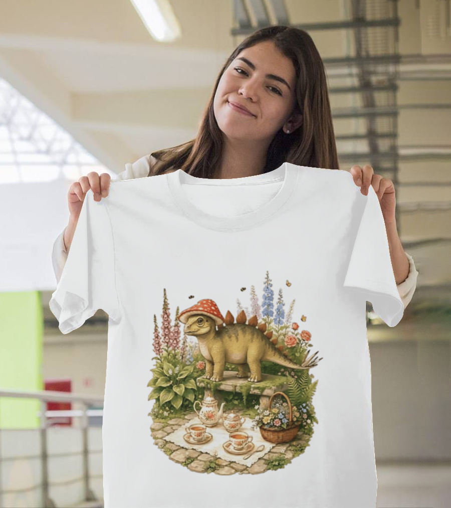 Baby Stegosaurus Wearing Red Mushroom Hat With Vintage Tea Party Garden Scene T-Shirt