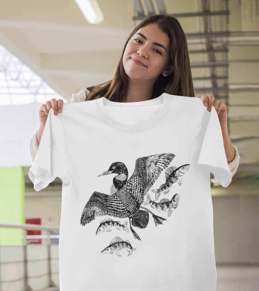 Common Loon And Fish Nature Scene Black T-Shirt