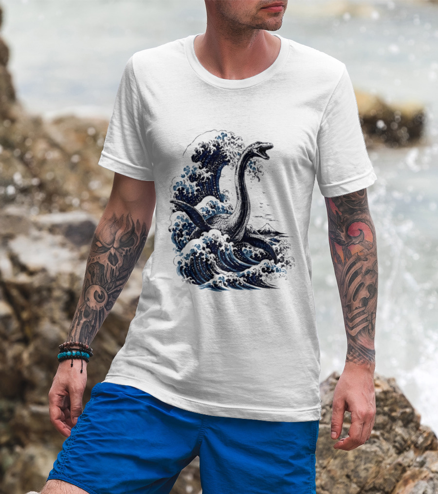 Great Wave Off Kanagawa Loch Ness Monster Mount Fuji Fusion T-Shirt