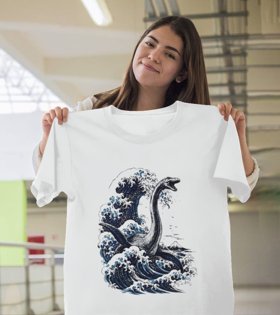 Great Wave Off Kanagawa Loch Ness Monster Mount Fuji Fusion T-Shirt