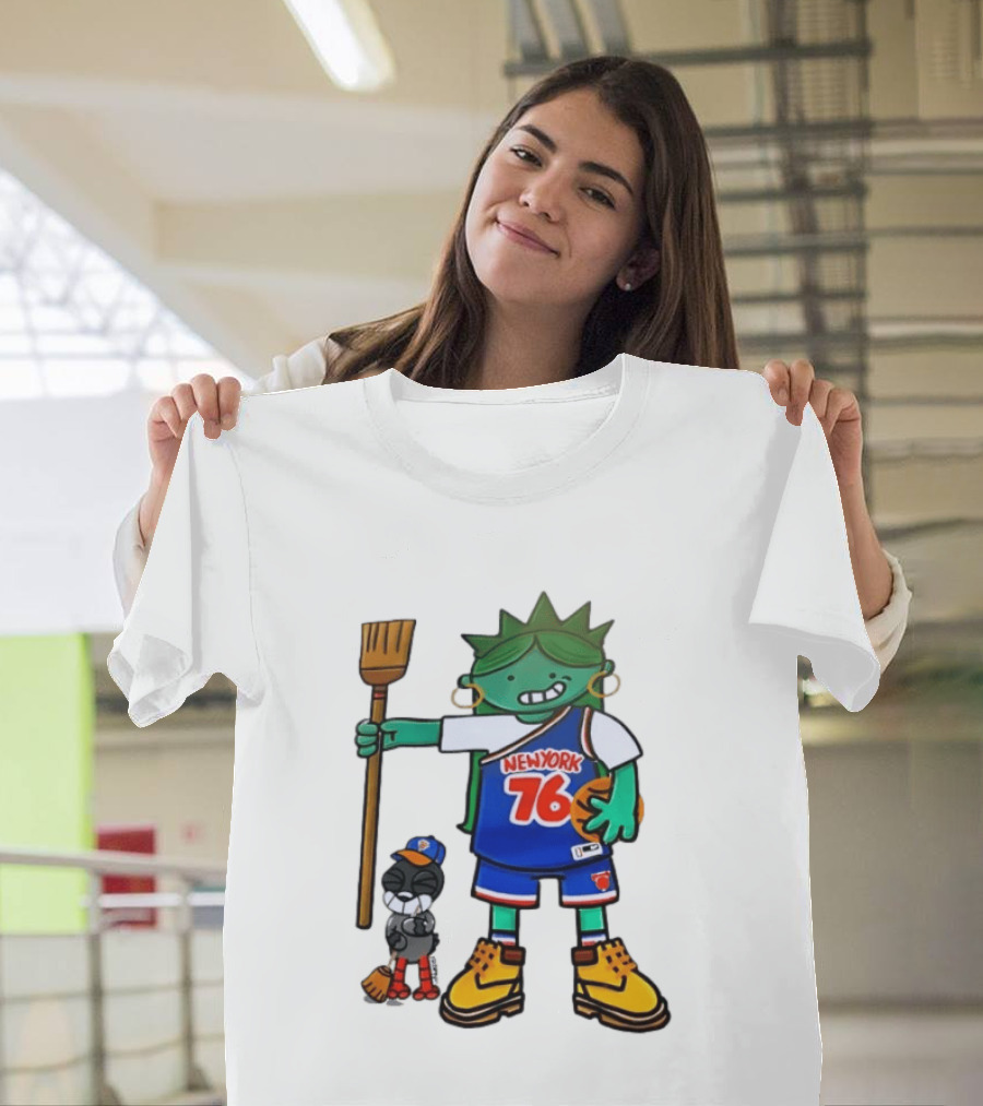 New York 76 Knicks Statue Liberty Broom Basketball 2024 T-Shirt