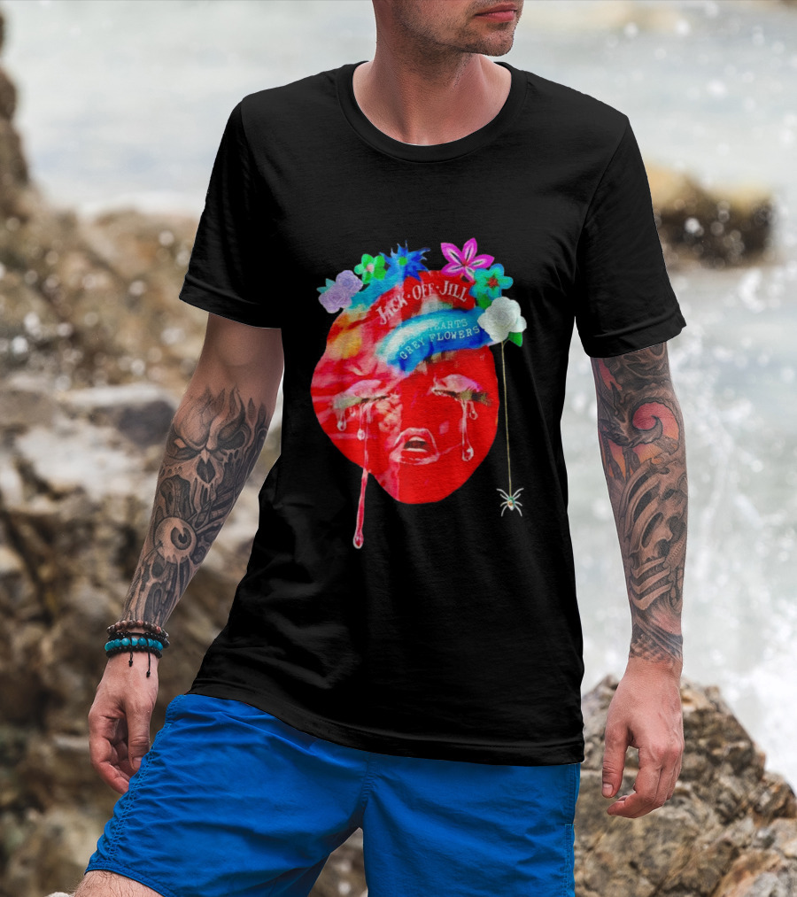 Jack Off Jill Clear Hearts Grey Flowers Crying Face With Colorful Floral Accents T-Shirt