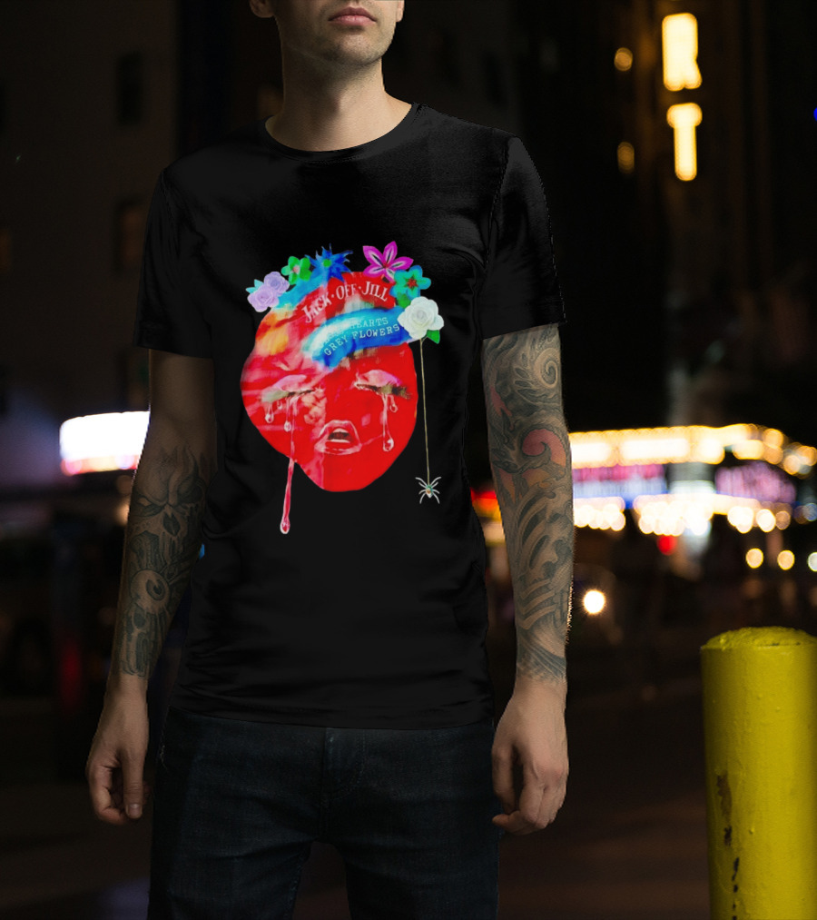 Jack Off Jill Clear Hearts Grey Flowers Crying Face With Colorful Floral Accents T-Shirt