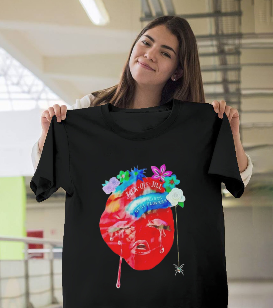 Jack Off Jill Clear Hearts Grey Flowers Crying Face With Colorful Floral Accents T-Shirt