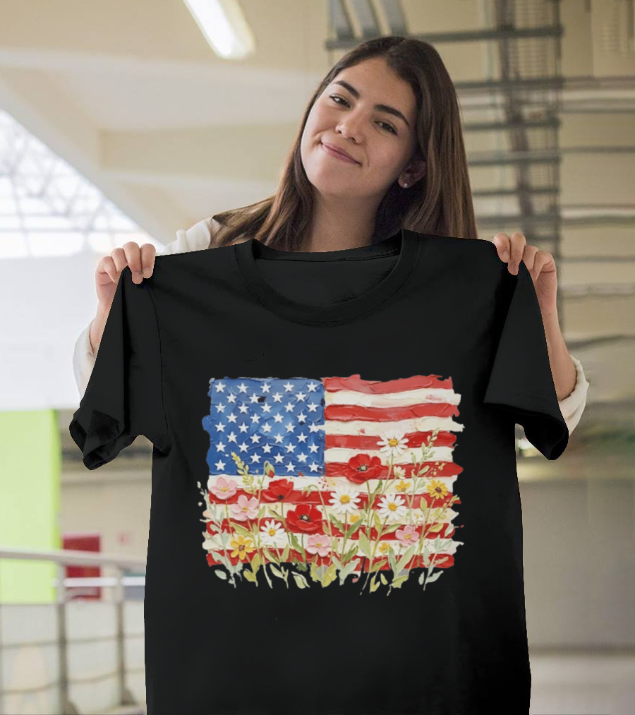 Floral American Flag With Impasto Texture And Flowers T-Shirt