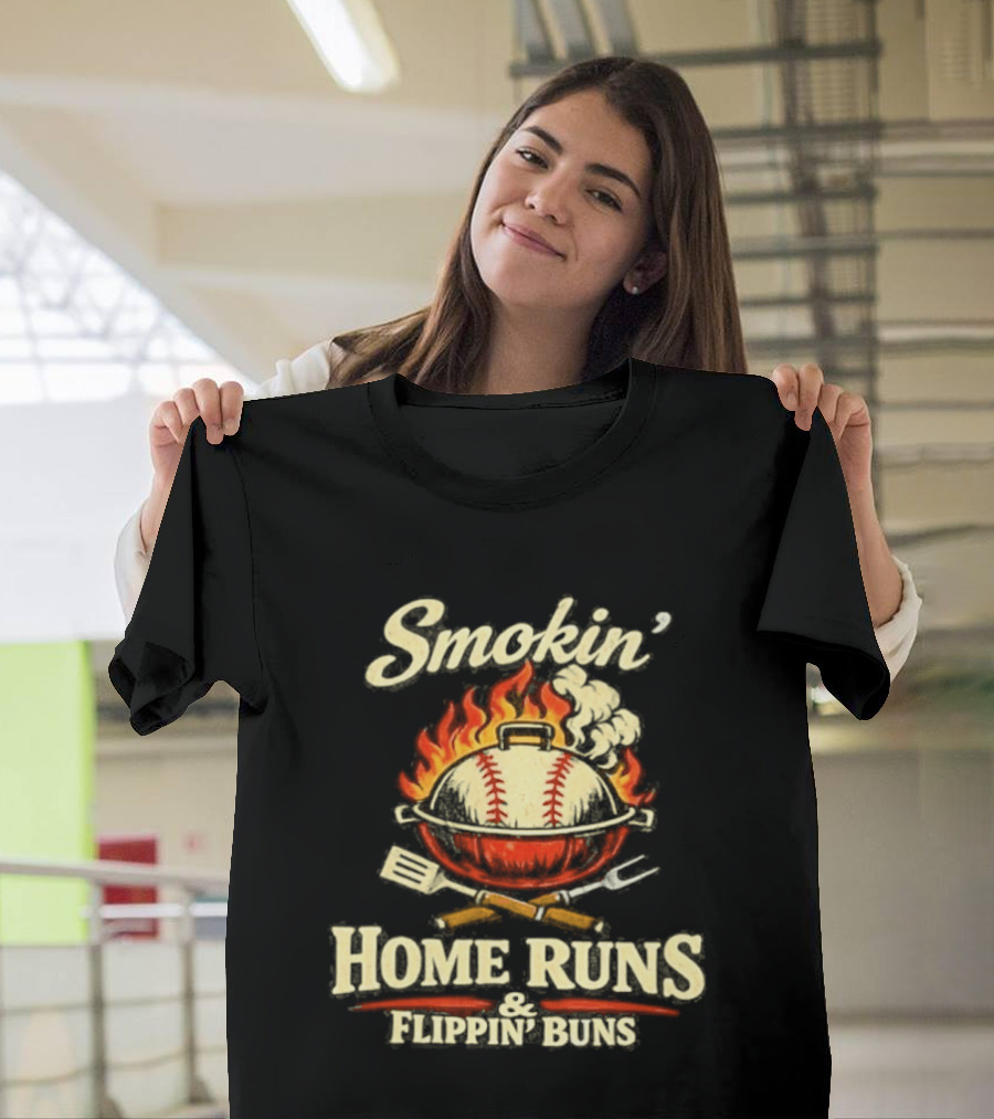 Smokin Home Runs Flippin Buns Baseball Grill Flame T-Shirt