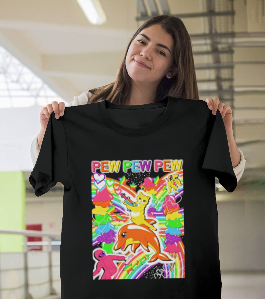 Pew Pew Pew Rainbow Pride Fun With Colorful Dolphins And Hearts T-Shirt