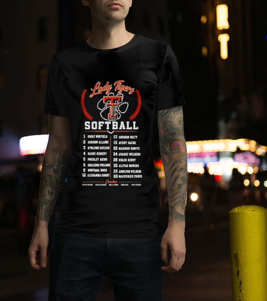 Lady Tigers Softball Roster Team Players And Numbers Texas Tech University T-Shirt