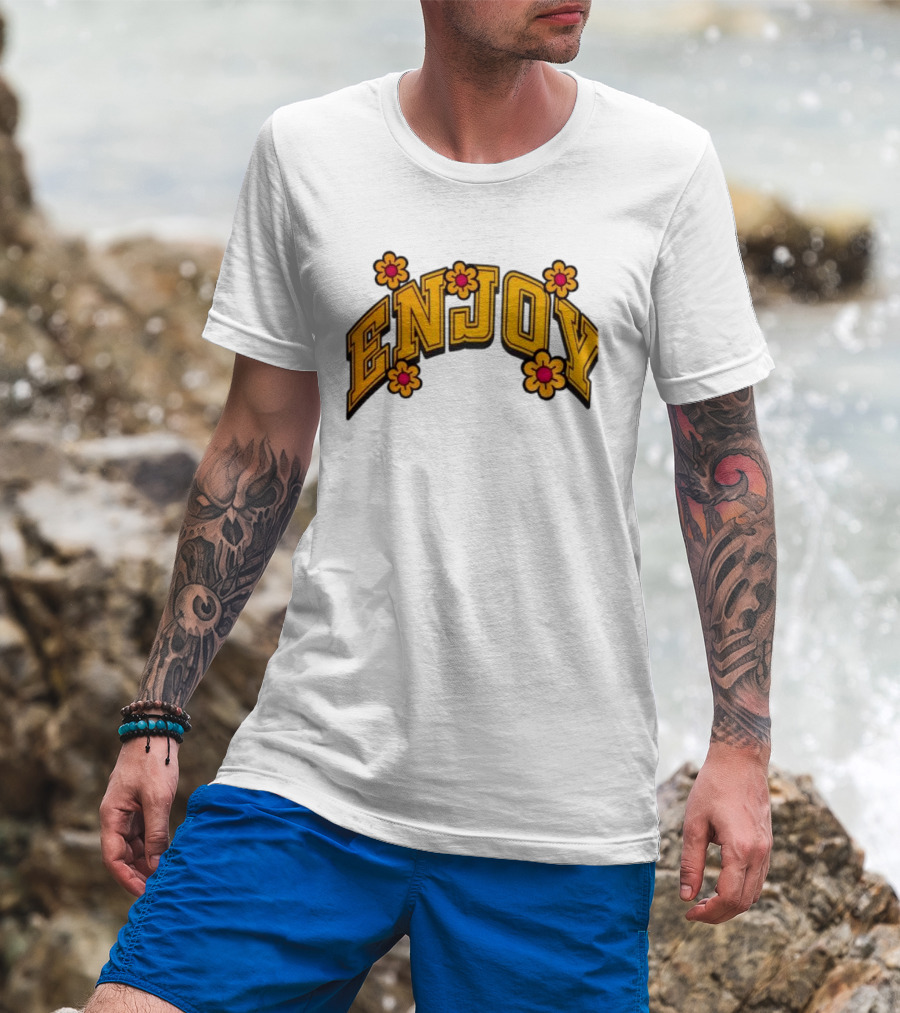 Enjoy Curved Flowers Yellow Font Floral Blossoms T-Shirt