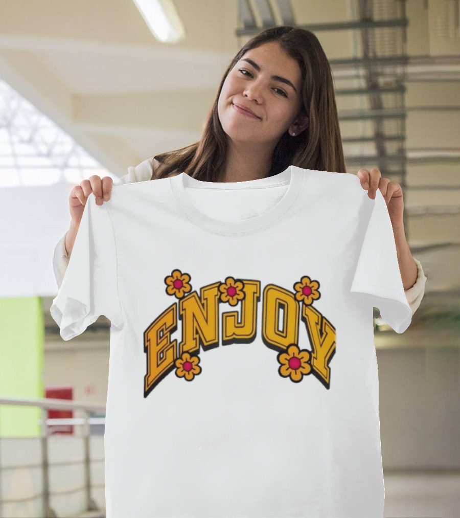 Enjoy Curved Flowers Yellow Font Floral Blossoms T-Shirt