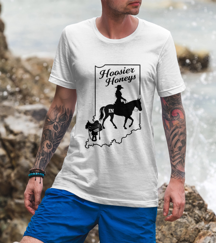 Hoosier Honeys Saddle Tramp Indiana State Map IN Horseback T-Shirt