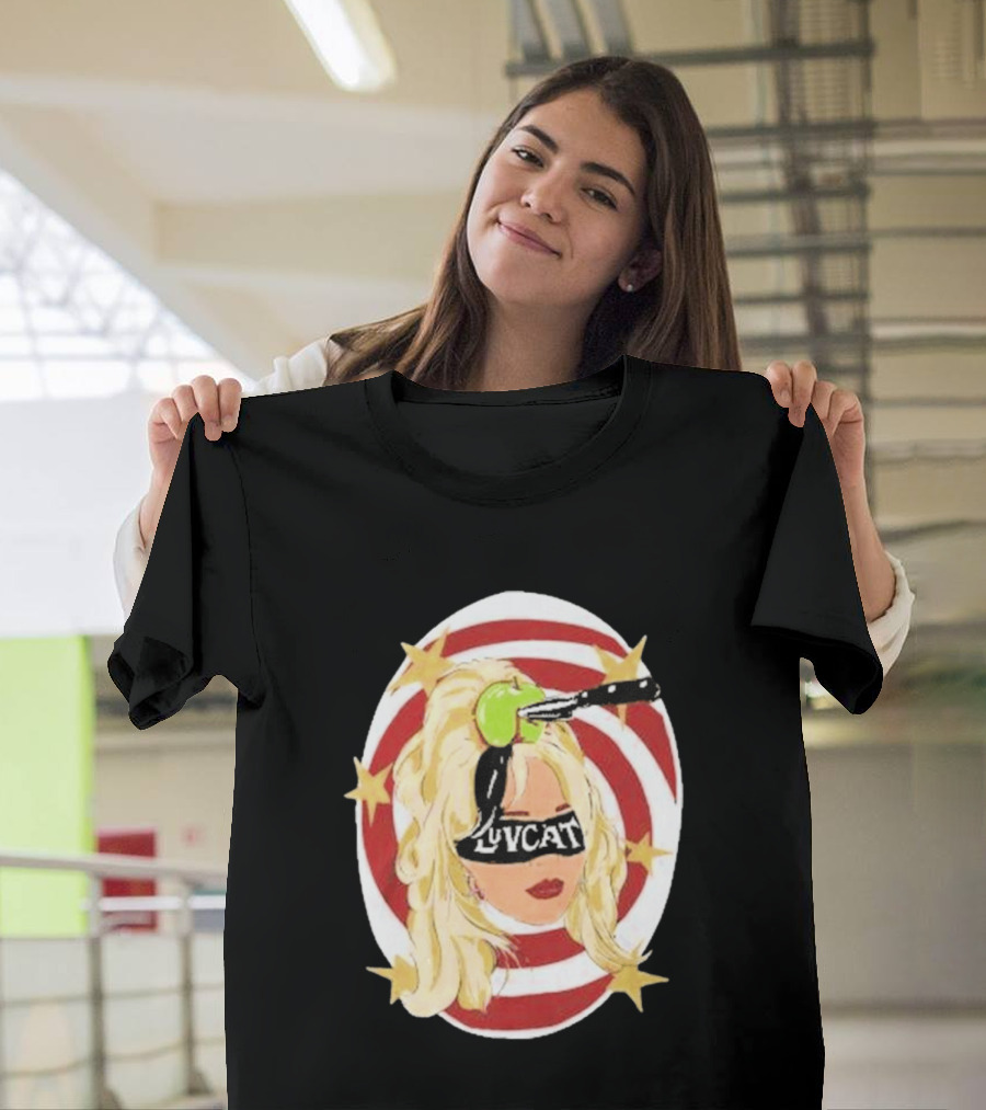 Luvcat Blonde Woman Bullseye Knife Apple Starburst T-Shirt