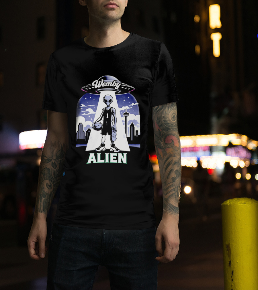 Wemby Alien Basketball UFO Skyline T-Shirt