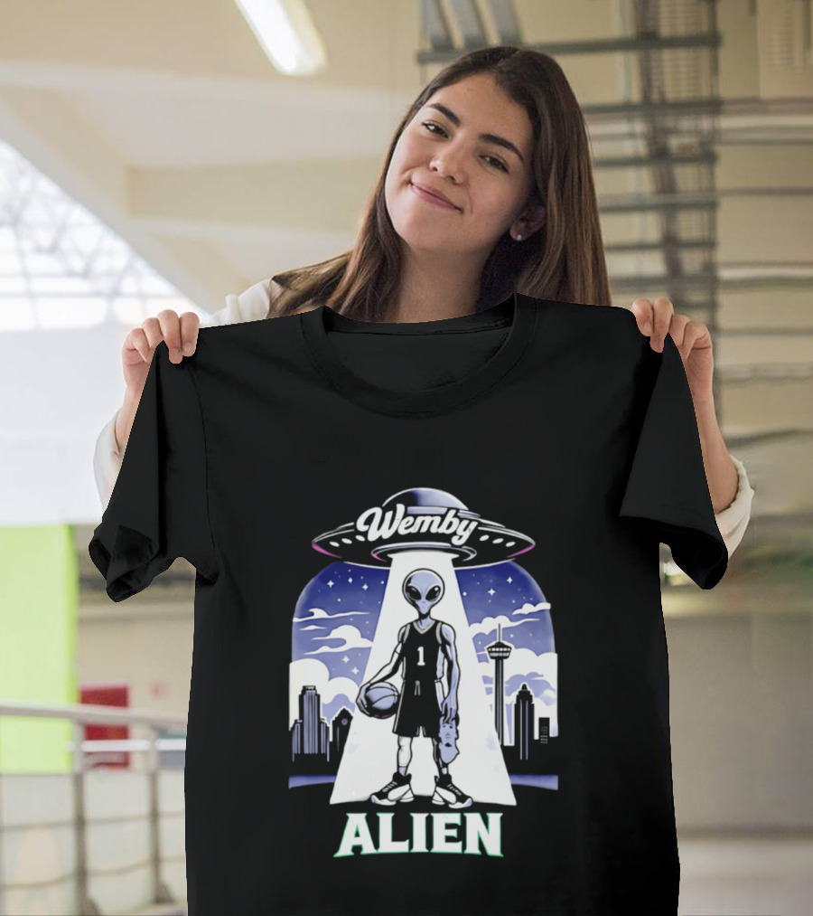 Wemby Alien Basketball UFO Skyline T-Shirt
