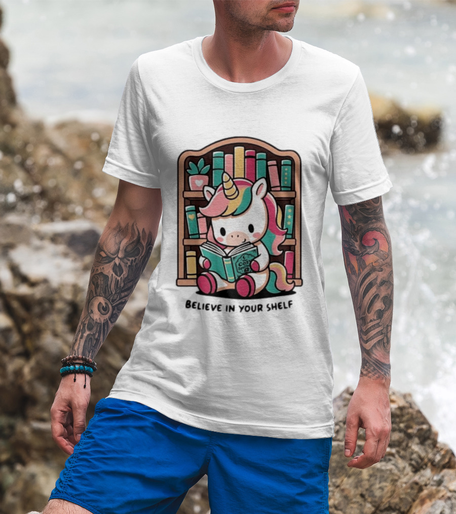 Unicorn Reading Believe In Your Shelf Bookshelf Magic T-Shirt