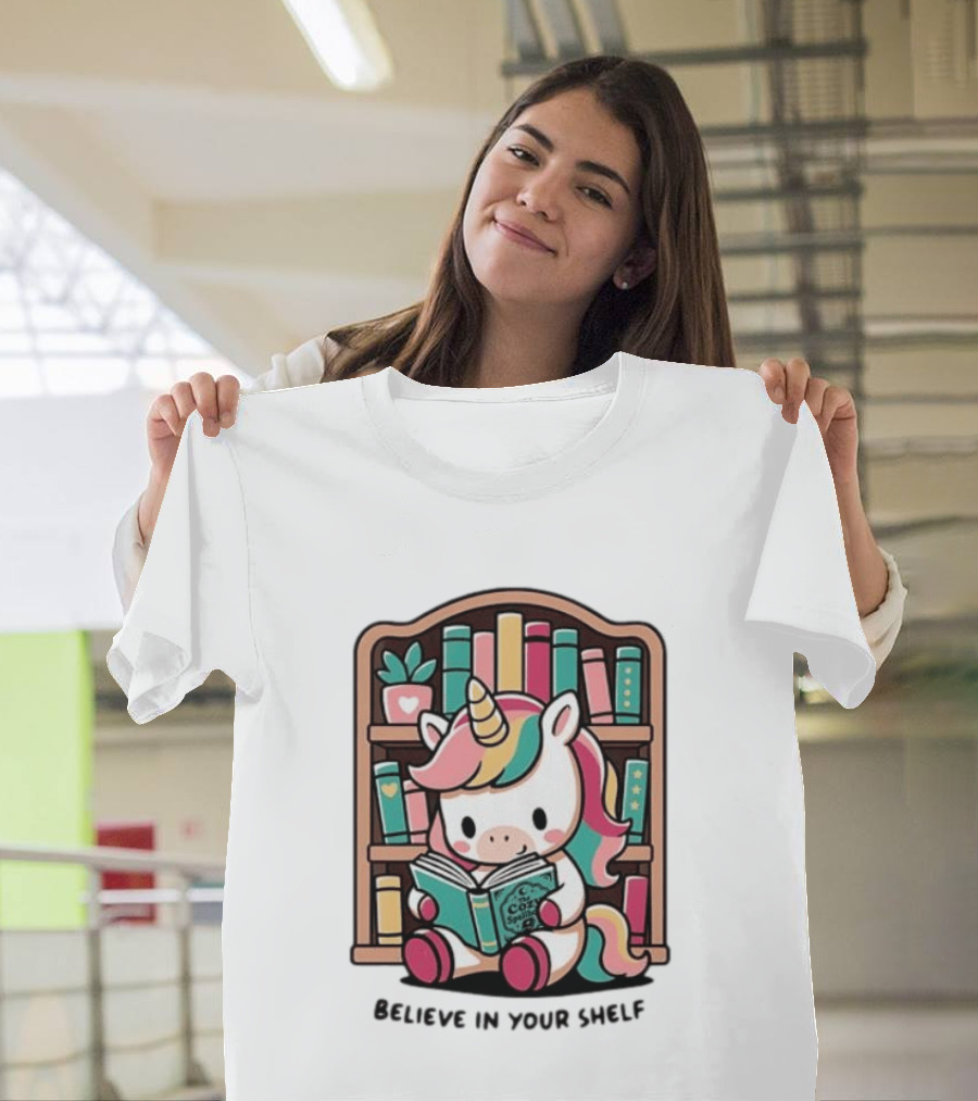 Unicorn Reading Believe In Your Shelf Bookshelf Magic T-Shirt