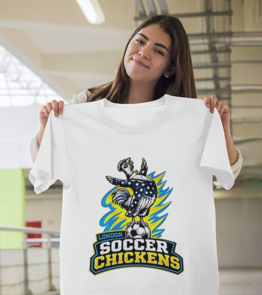 London Soccer Chickens Rooster On Soccer Ball With Stars And Stripes T-Shirt