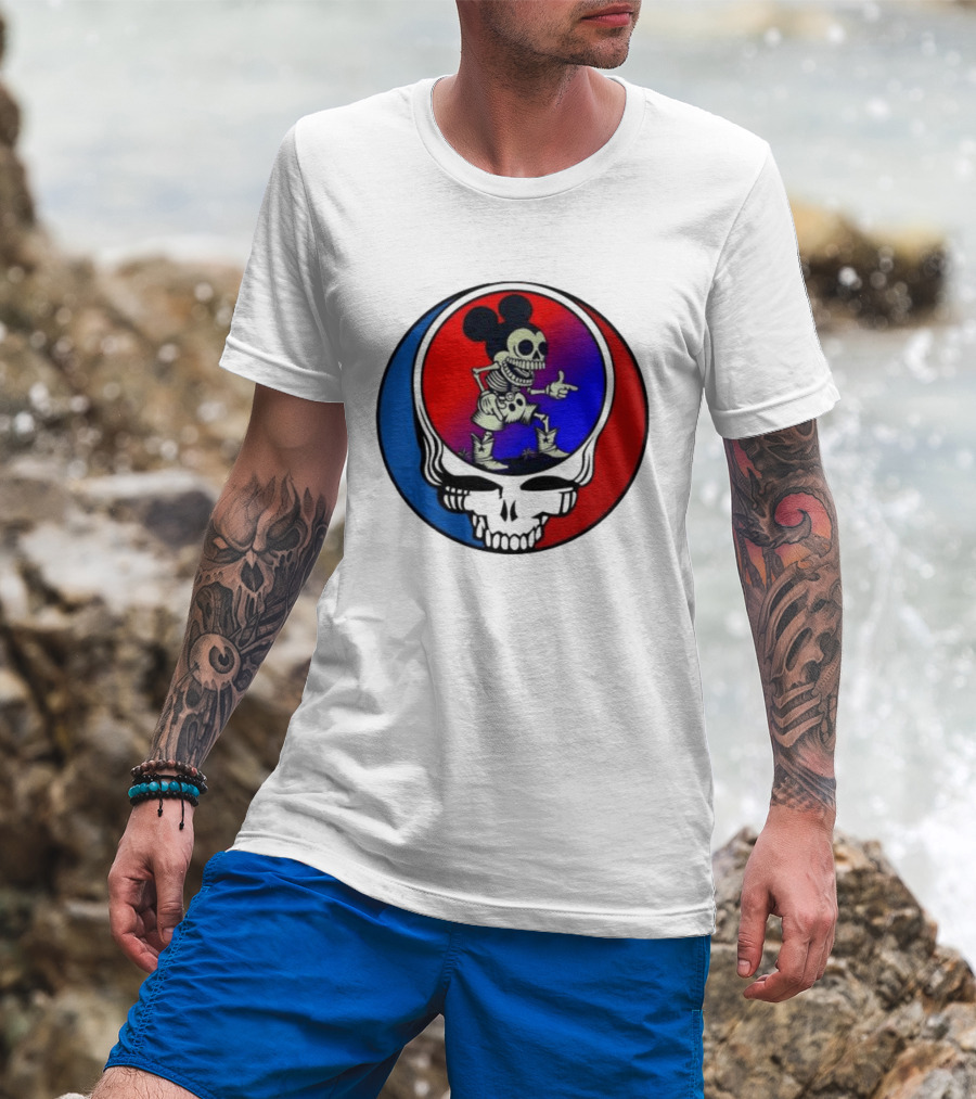 Mickey Mouse Skeleton With Grateful Dead Skull And Roses T-Shirt