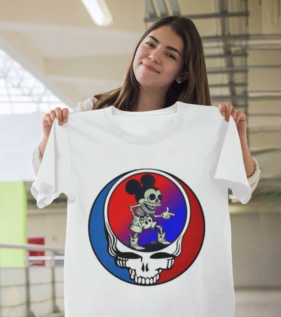 Mickey Mouse Skeleton With Grateful Dead Skull And Roses T-Shirt