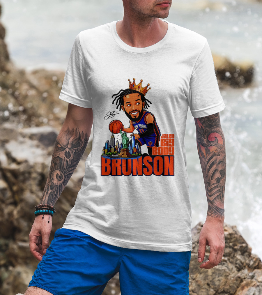 Jalen Brunson King Of NY Caricature With Statue Of Liberty And New York Skyline T-Shirt
