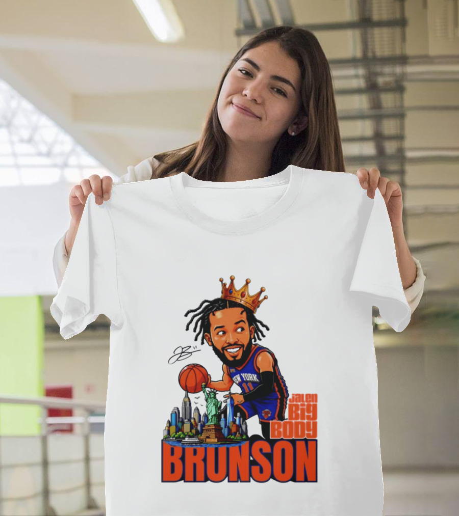Jalen Brunson King Of NY Caricature With Statue Of Liberty And New York Skyline T-Shirt