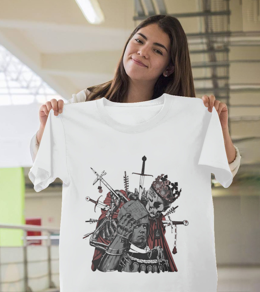 Memento Mori Skeleton King With Medieval Crown Swords And Halberd T-Shirt