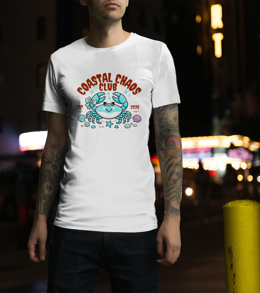 Coastal Chaos Club Est 2026 Smiling Crab Seashells Starfish Bow T-Shirt