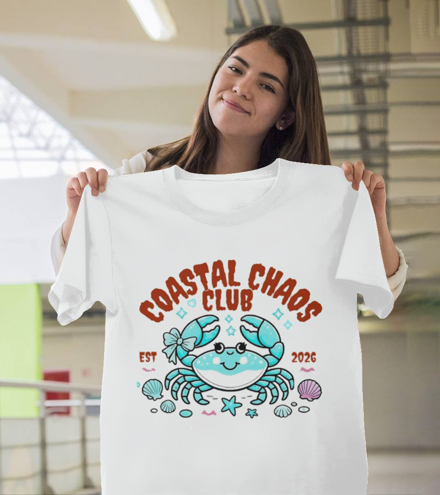 Coastal Chaos Club Est 2026 Smiling Crab Seashells Starfish Bow T-Shirt