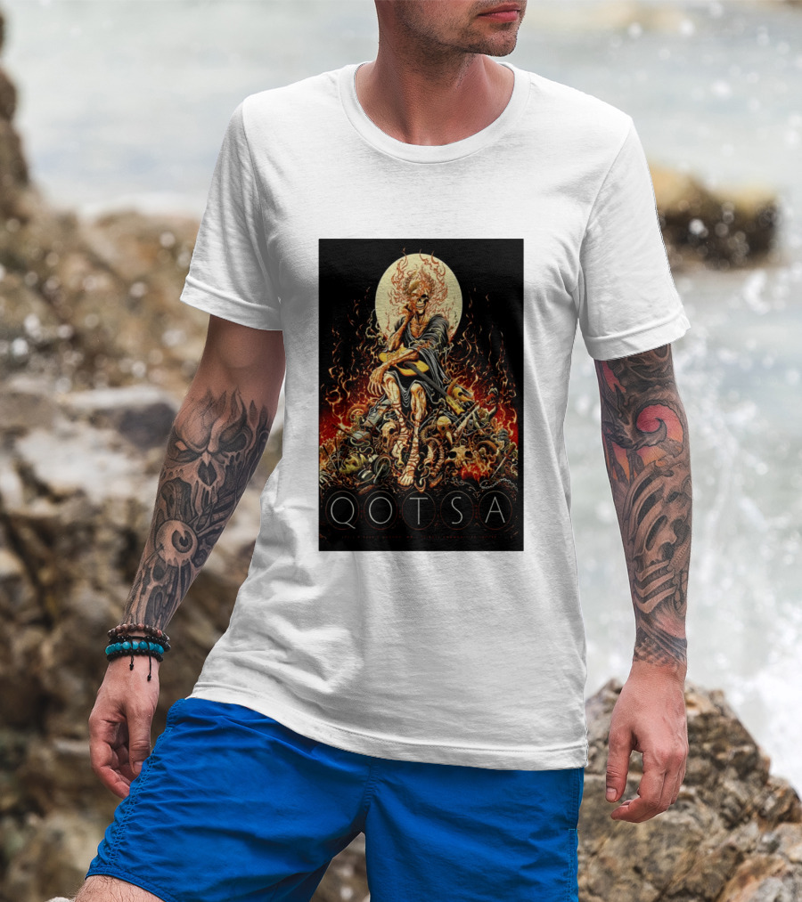 QOTSA April 8 2024 Calgary Communities Centre Flaming Skeleton Throne T-Shirt