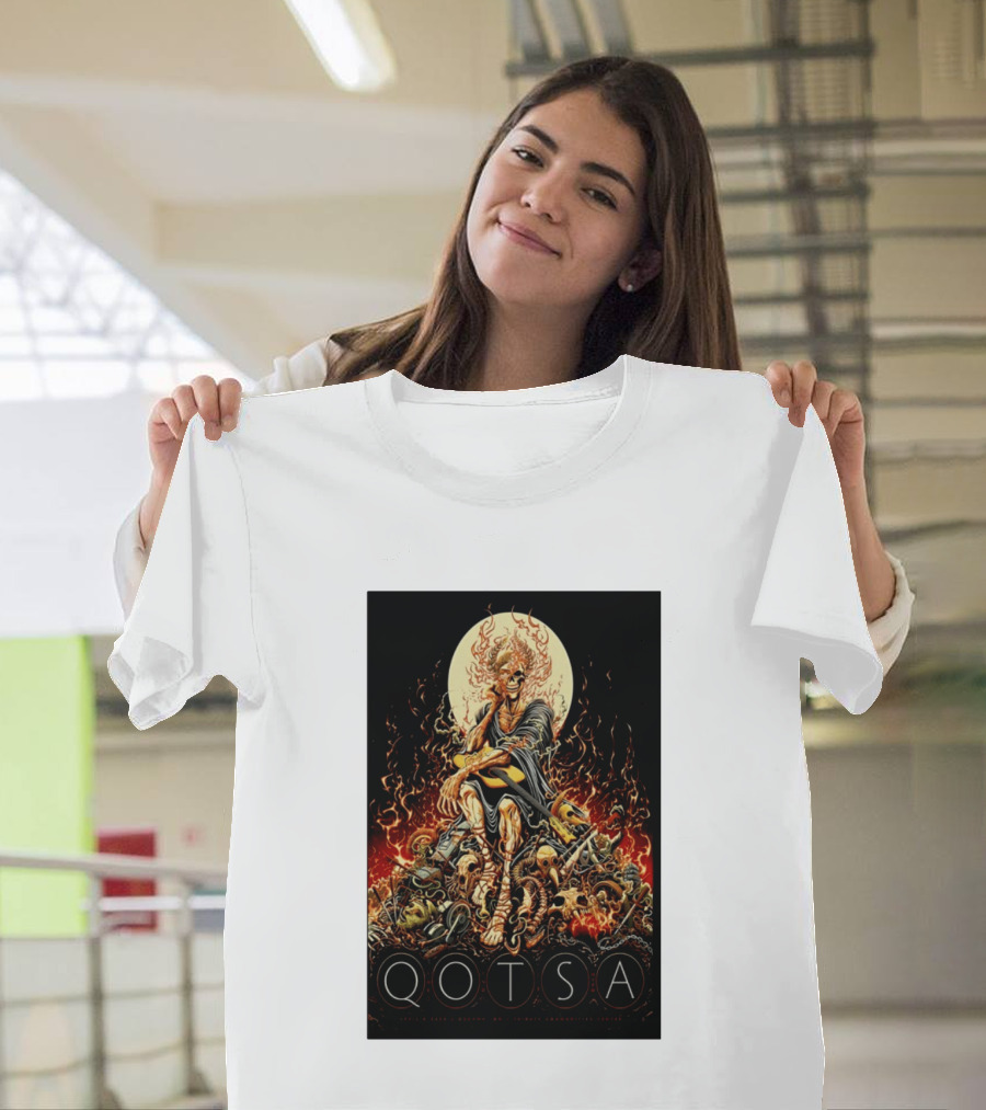 QOTSA April 8 2024 Calgary Communities Centre Flaming Skeleton Throne T-Shirt