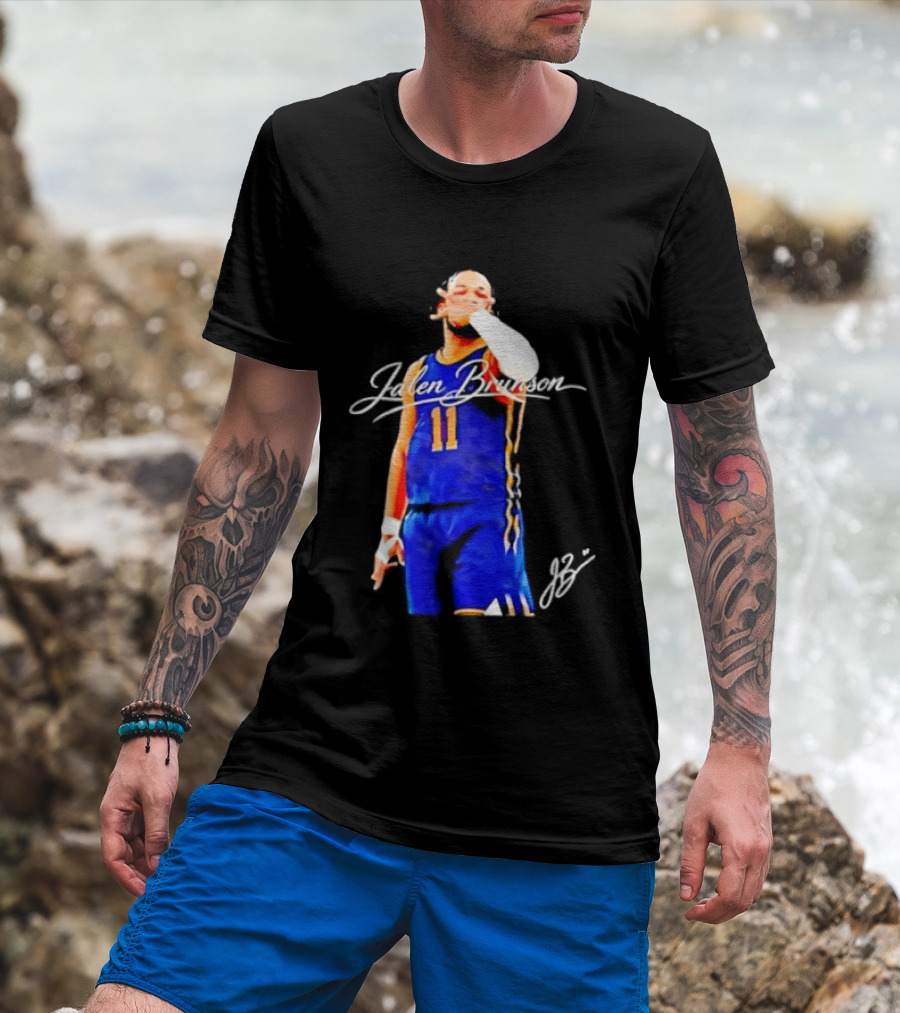 Jalen Brunson 11 Signature Gesture Basketball Blue Uniform T-Shirt