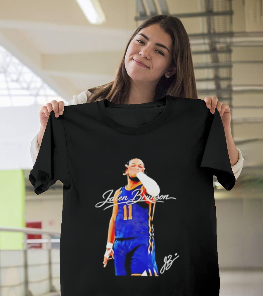 Jalen Brunson 11 Signature Gesture Basketball Blue Uniform T-Shirt