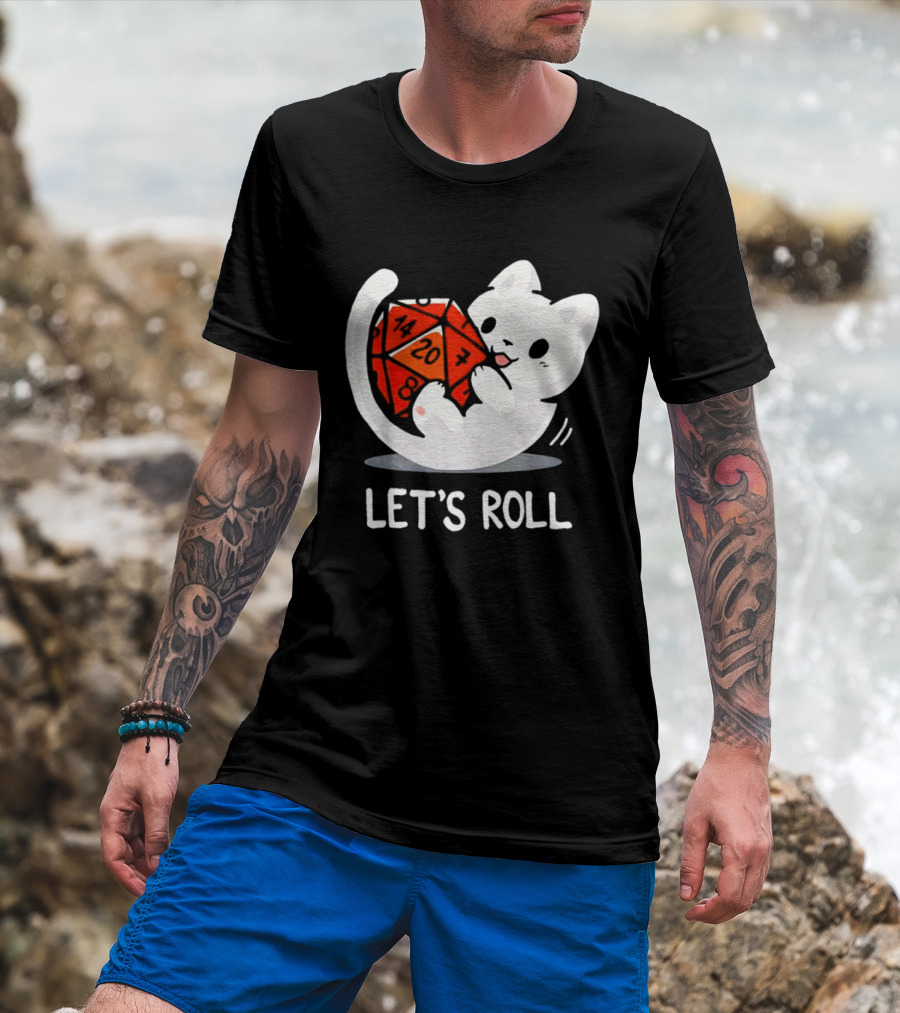 Let's Roll Cat Holding 20 Sided Die Dungeons And Dragons T-Shirt