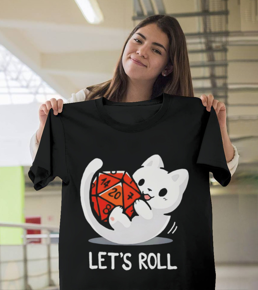 Let's Roll Cat Holding 20 Sided Die Dungeons And Dragons T-Shirt