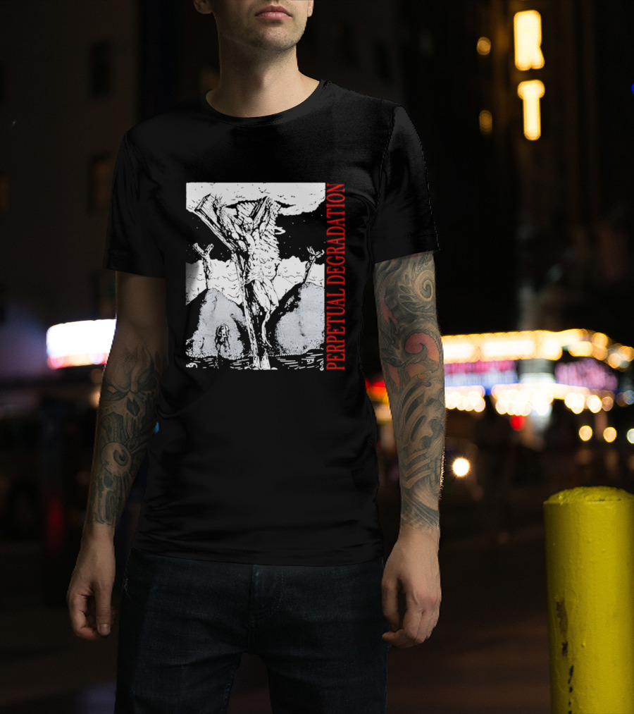 Perpetual Degradation Monster Crucifixion Skull Mountains Clouds T-Shirt