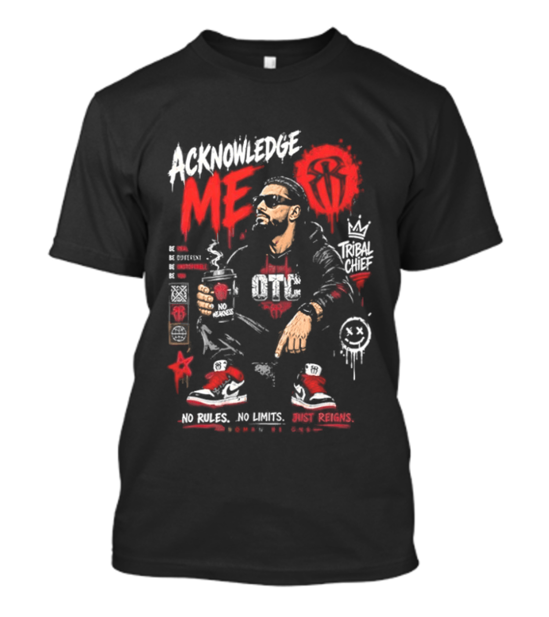 WWE Roman Reigns Acknowledge Me Tribal Chief OTC Red And White T-Shirt