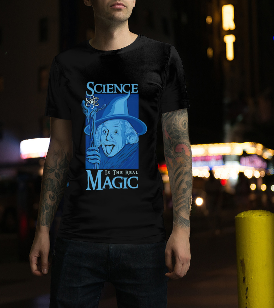 Science Is The Real Magic Einstein Wizard Motif T-Shirt
