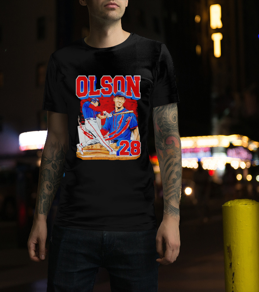 Olson 28 Baseball Player Blue And Red Hand Drawn T-Shirt