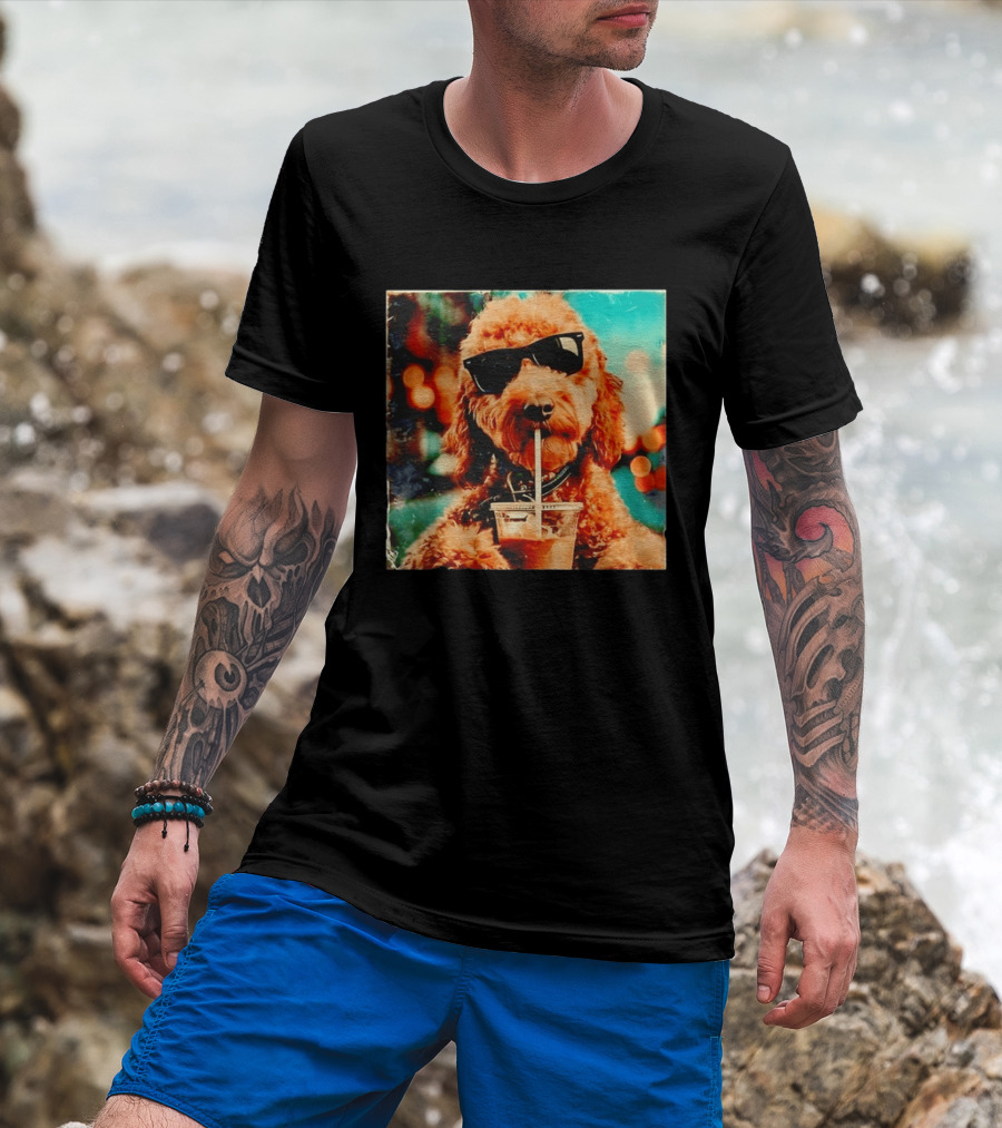 Goldendoodle With Sunglasses Enjoying Iced Coffee Retro Cool Vibes T-Shirt