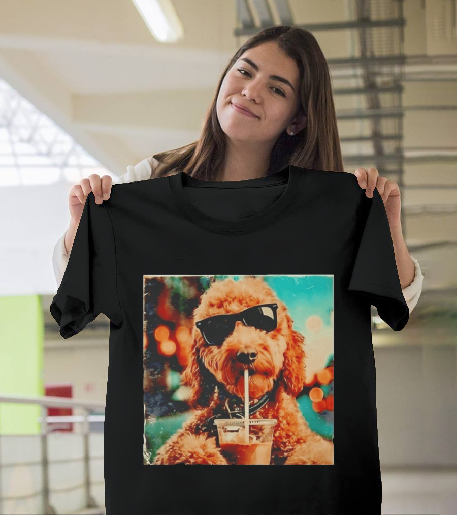 Goldendoodle With Sunglasses Enjoying Iced Coffee Retro Cool Vibes T-Shirt