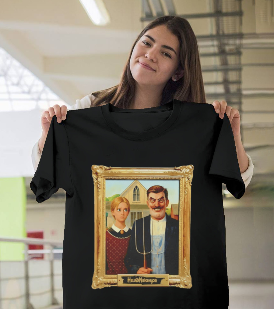 Hello Neighbor American Gothic Man Pitchfork Girl Painting Frame T-Shirt
